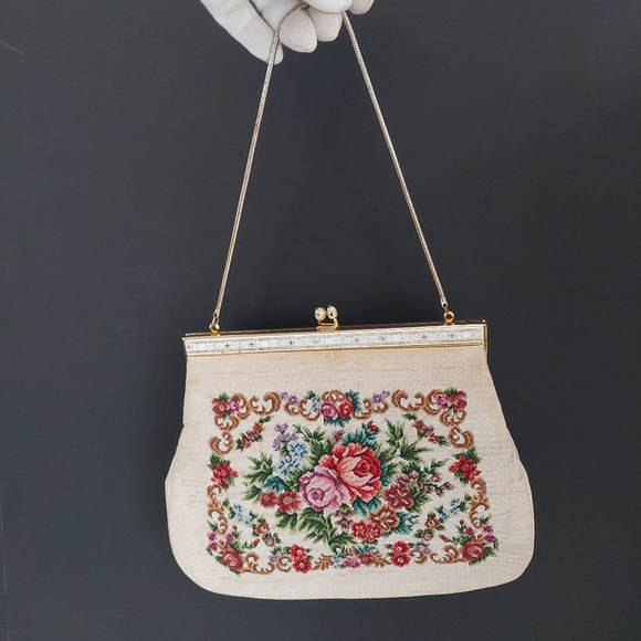 Source Unknown Handbags - Vintage Petit Point Floral Tapestry Evening Bag, 1950s Needlepoint Clutch